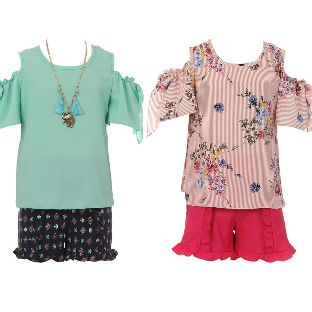 2 Set Bundle Cold Shoulder Chiffon Top Ruffle Short Summer Outfit Set Clothing